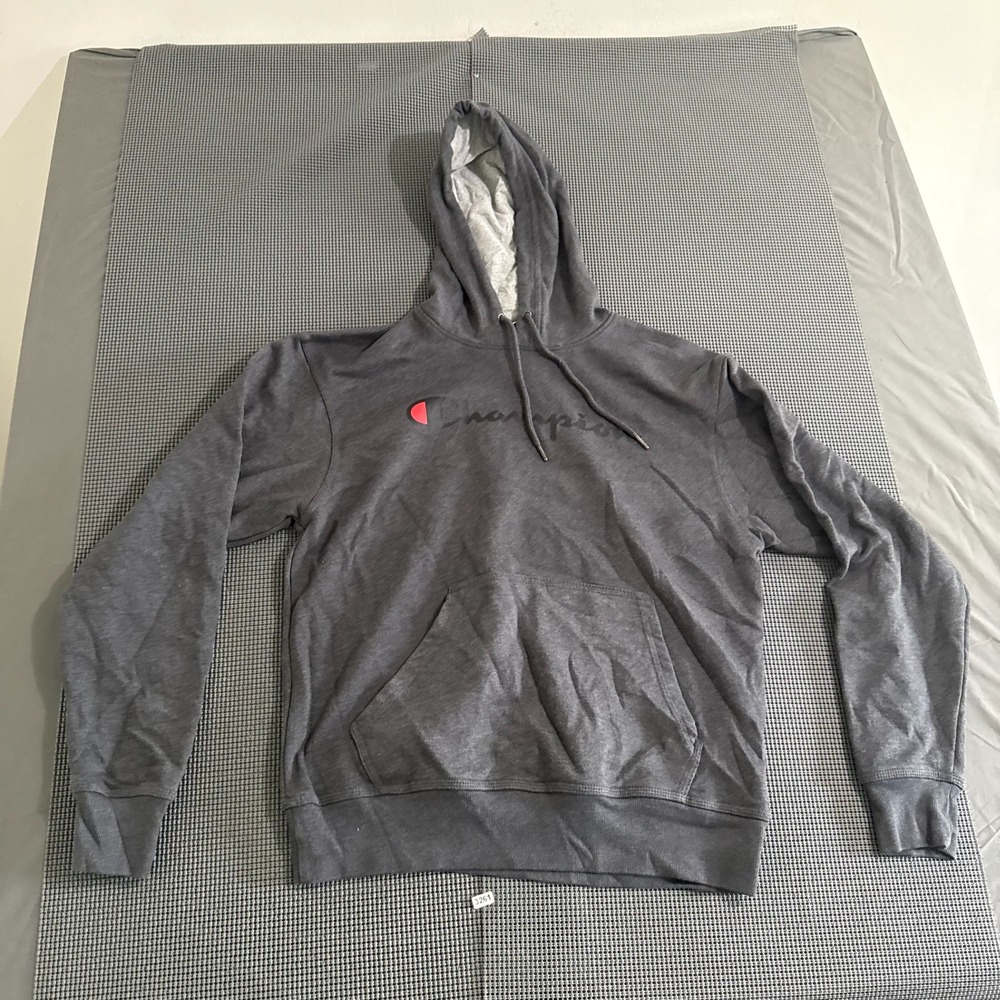 Champion Mens Hoodie Charcoal Gray Script Logo Sweatshirt Size M